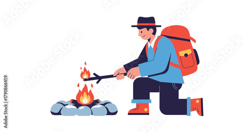 Adventurer Lighting Campfire Preparing Dinner Outdoor Wilderness Illustration