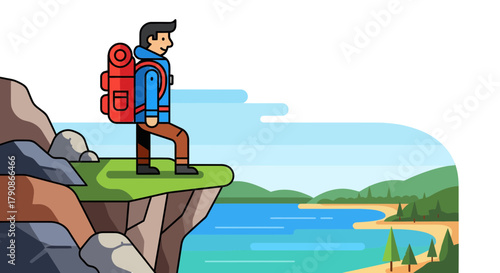 Adventurer Standing at Edge of Cliff Facing Breathtaking Landscape Illustration