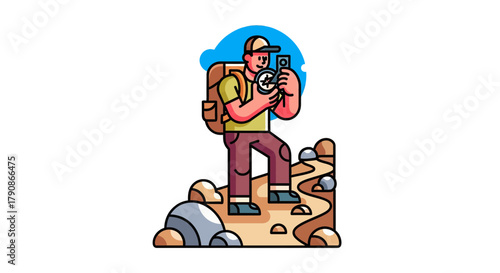 Adventurer Navigates The Terrain With Compass While Enjoying Outdoors With Backpack