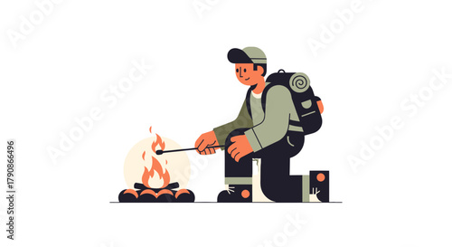 Adventurer Lighting Campfire Preparing for Outdoor Adventure in Wilderness Illustration