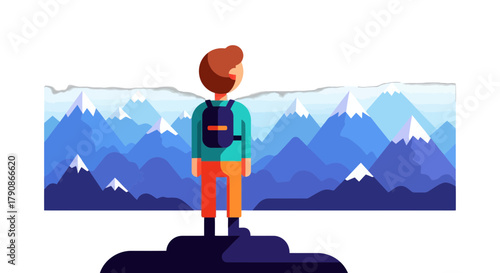 Adventurer Staring At Majestic Mountains, Illustrative Depiction Of Sky And Landscape