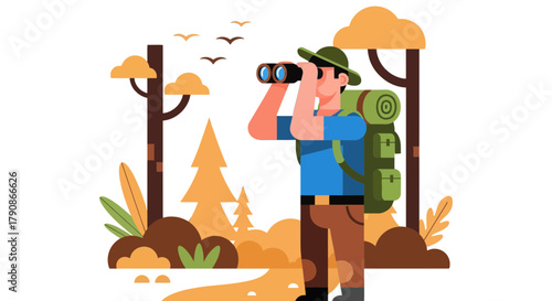 Adventurer Observing Nature With Binoculars, Exploring Forest and Discovering Wild Animals.