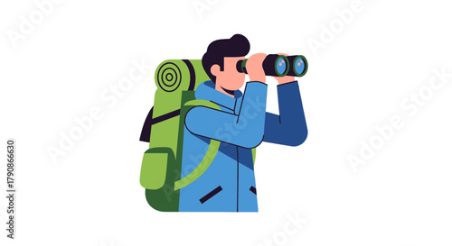 Adventurer Observing Nature With Binoculars, Hiking and Backpacking Under the Sky