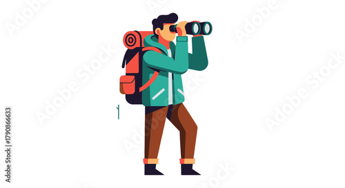 Adventurer Observing Nature With Binoculars, Wilderness Exploration And Wildlife Discovery