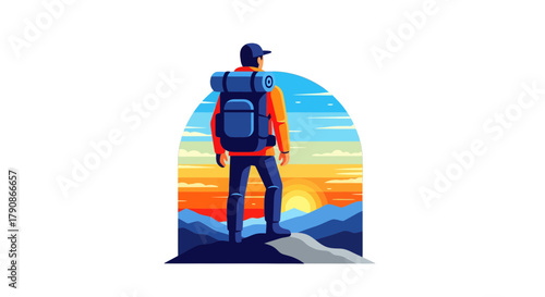 Adventurer Observing Sunrise While Backpacking, Mountainous Landscape at Golden Hour