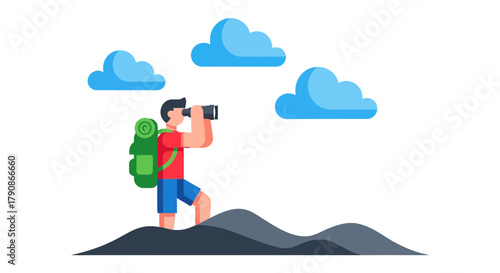 Adventurer Observing The Landscape With Binoculars Under The Beautiful Sky