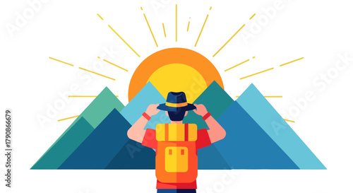 Adventurer Staring at the Sunrise Over the Majestic Mountain Range in Vibrant Colors