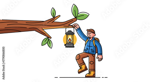 Adventurer Suspends Lantern From Tree Branch Illuminating Journey In The Darkness