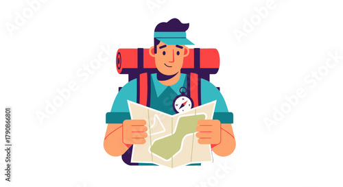 Adventurer Planning His Trek: Illustrated Portrait Of A Smiling Outdoorsman