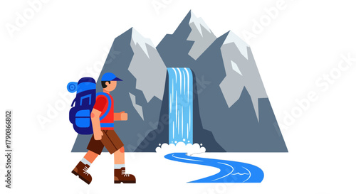 Adventurer Strolling Towards Waterfall And Mountains Underneath Dark Sky Background