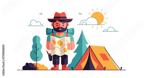 Adventurer Planning His Trek Finding Direction On A Map With Vibrant Sunshine