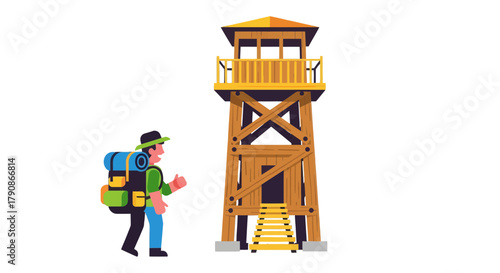 Adventurer Strolling Towards Observation Tower, Ready For A Scenic Hike Illustration