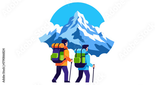 Adventurer Team Reaching Mountain Peak, Nature Background, Illustrated Design Concept