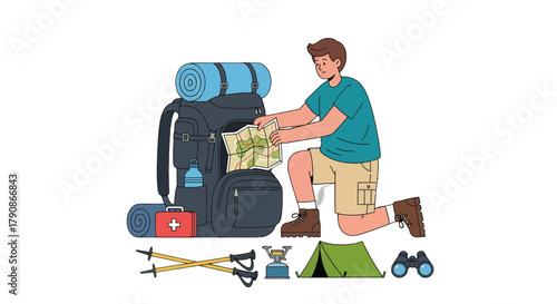 Adventurer Planning His Trek Next To His Packed Backpack With Hiking Equipment