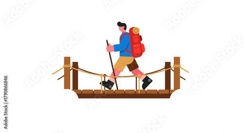 Adventurer Traversing A Wooden Bridge In A Pristine Landscape Illustration
