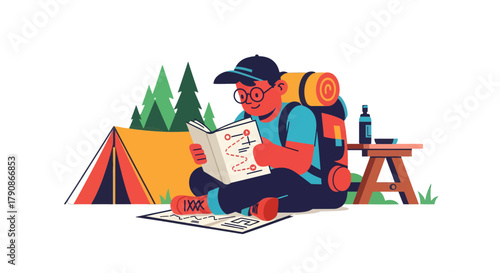 Adventurer Planning His Trek Next To Tent With Map and Backpack Under the Forest Trees