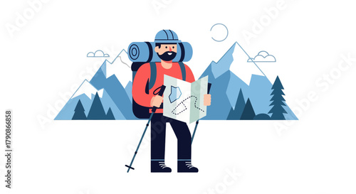 Adventurer Planning His Trek Through Mountain Scenery with a Map to Explore Nature