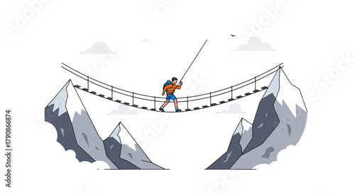 Adventurer Traversing Dangerous Bridge Between Mountain Peaks Over Darkened Background