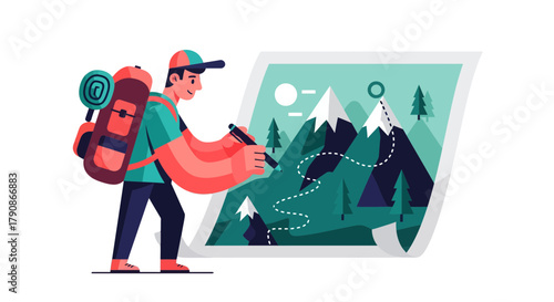 Adventurer Planning Mountain Journey On A Map For Outdoor Hiking Exploration