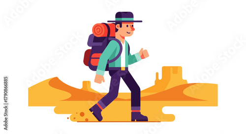 Adventurer Traversing Arid Desert In Vector Illustration Amidst Sand and Rock Formations