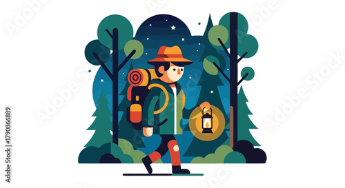 Adventurer Traversing Forest Illuminated By Lantern At Night, Outdoor Illustration