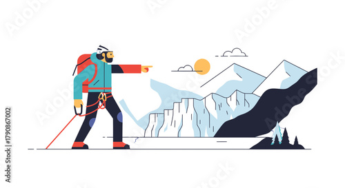 Adventurer Pointing Towards Mountain Range Depicting Exploration And Challenge Ahead