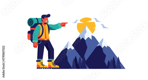 Adventurer Pointing Towards Mountains At Sunrise, Traveling Through Beautiful Scenery