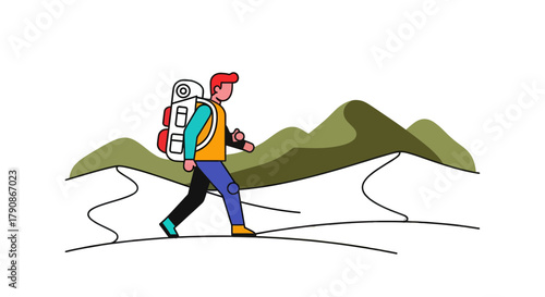 Adventurer Traversing Terrain Under Stark Shadowing, Graphic Illustration of Voyage