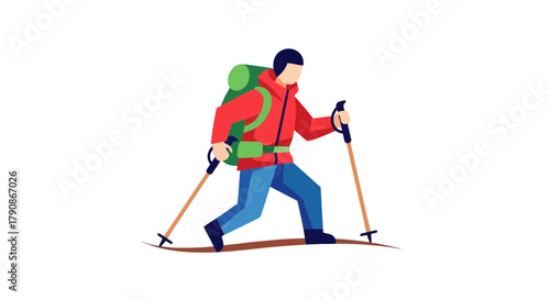 Adventurer Traversing Terrain Wearing Backpack and Utilizing Poles For Stability