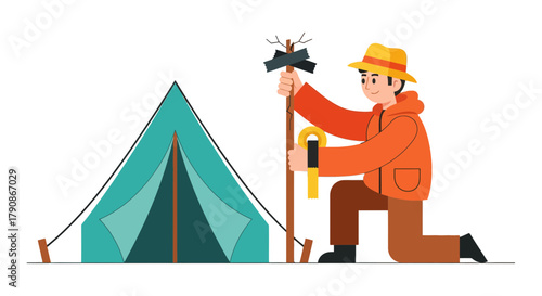 Adventurer Prepares Camp Near Tent, Enjoying Wilderness Experience Adventure Outdoors