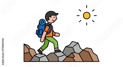 Adventurer Traversing Rocky Terrain Under the Sun With A Backpack and High Spirits