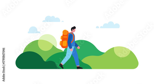 Adventurer Traversing Scenic Wilderness With Backpack On A Hiking Journey, Trailblazing