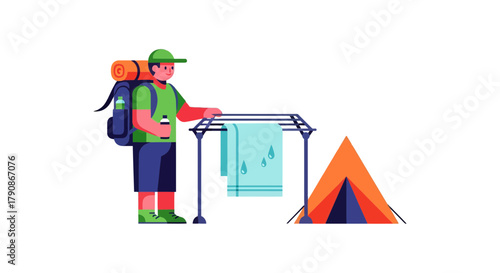 Adventurer Prepares Camp, Drying Towel After Hike Next To Tent On a Summer Trip