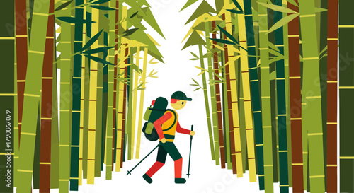 Adventurer Traversing Lush Bamboo Forest, Exploring Nature Amidst Verdant Greenery