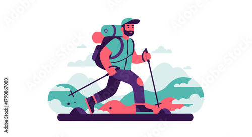 Adventurer Traversing Mountainous Terrain Amidst Vivid Colors and Animated Landscape