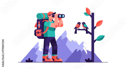 Adventurer Using Binoculars to Observe Birds Perched on a Tree in Wilderness Scene