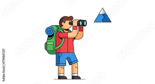Adventurer Using Binoculars to Observe Snowy Mountain on a Dark Background