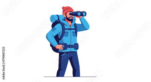 Adventurer Using Binoculars: Wilderness Exploration And Scenic Perspective Seeking Adventure