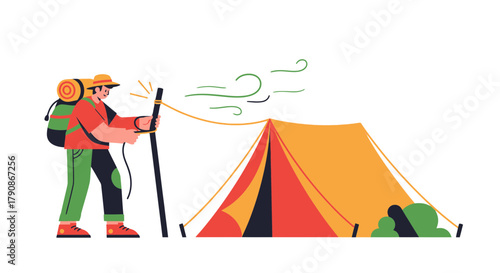 Adventurer Prepares Camping Tent Under Windy Conditions With Backpack Against Black Background