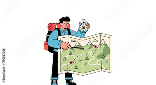 Adventurer Using Compass And Map for Navigation While Hiking or Exploring