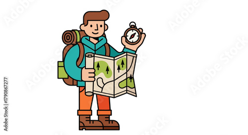 Adventurer Using Compass and Map on Journey of Discovery, Ready For Expedition and Trekking
