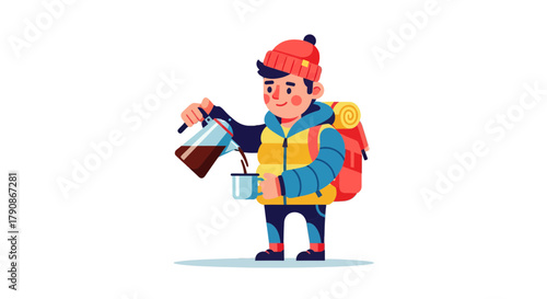 Adventurer Prepares Coffee On A Snowy Mountain With All The Essentials