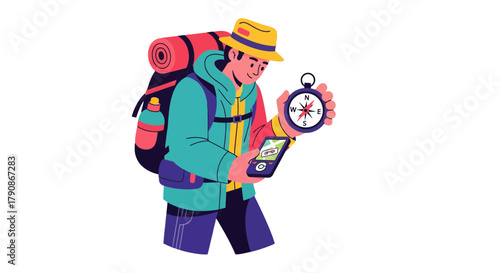 Adventurer Using Compass and Smartphone for Navigation, Outdoor Exploration, Planning a Route