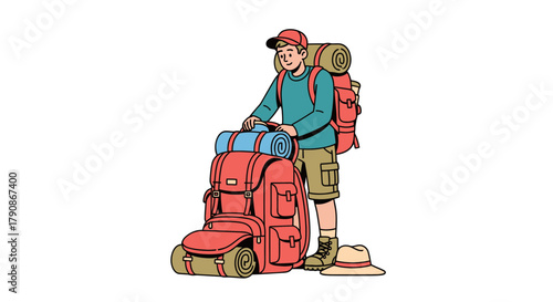 Adventurer Prepares For Expedition, Backpack Ready, Planning A Hike For The Outdoors