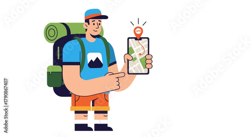 Adventurer Using GPS on Mobile Phone for Navigation in Colorful Illustration