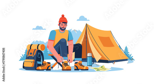 Adventurer Prepares For Hiking Expedition In Mountains Near Camping Tent.