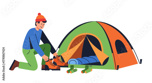 Adventurer Prepares For Hiking Expedition Beside Tent Amidst The Wilderness
