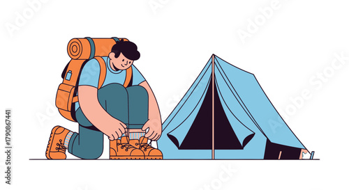 Adventurer Prepares For Hiking, Tightening Boots Before Camping Expedition