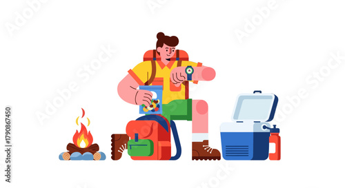 Adventurer Prepares For Hiking Trip While Checking Time And Examining Snack Bag