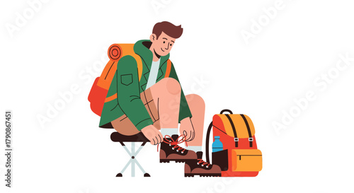 Adventurer Prepares For Journey, Lacing Boots Before Embracing Expedition Challenges